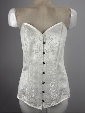White Floral Brocade Steel Boned Overbust Corset Bridal Ren Faire 38